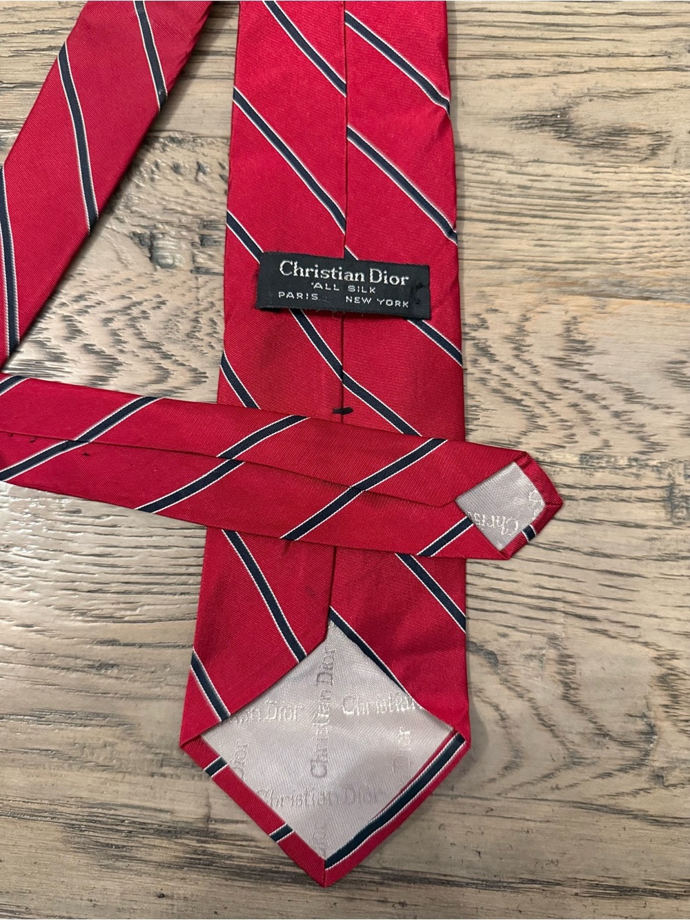 Vintage Christian Dior Red Silk Tie with Navy and White Diagonal Stripes
